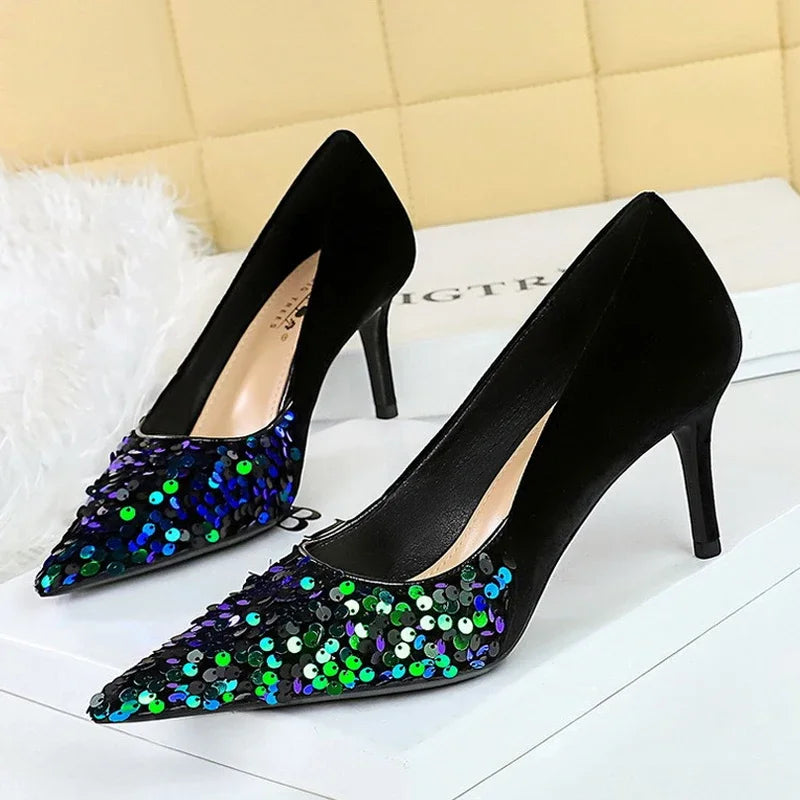 BIGTREE Spring Sequined Cloth Woman Pumps Pointed Toe Low Thin Heels Pole Dancing Party Elegant Ladies Shoes