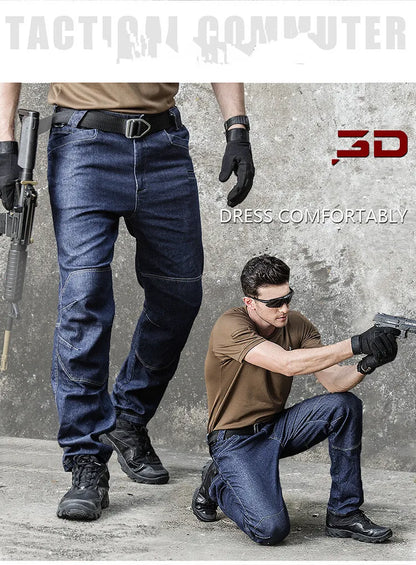 Men's  Jeans Pants Fall Military Straight Denim Tactical Long Trousers Stretch City Security Special Force Combat Pant Trousers