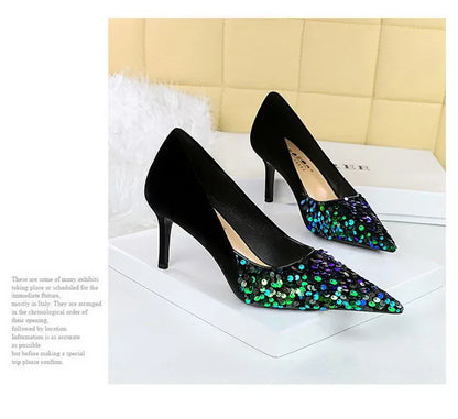 BIGTREE Spring Sequined Cloth Woman Pumps Pointed Toe Low Thin Heels Pole Dancing Party Elegant Ladies Shoes