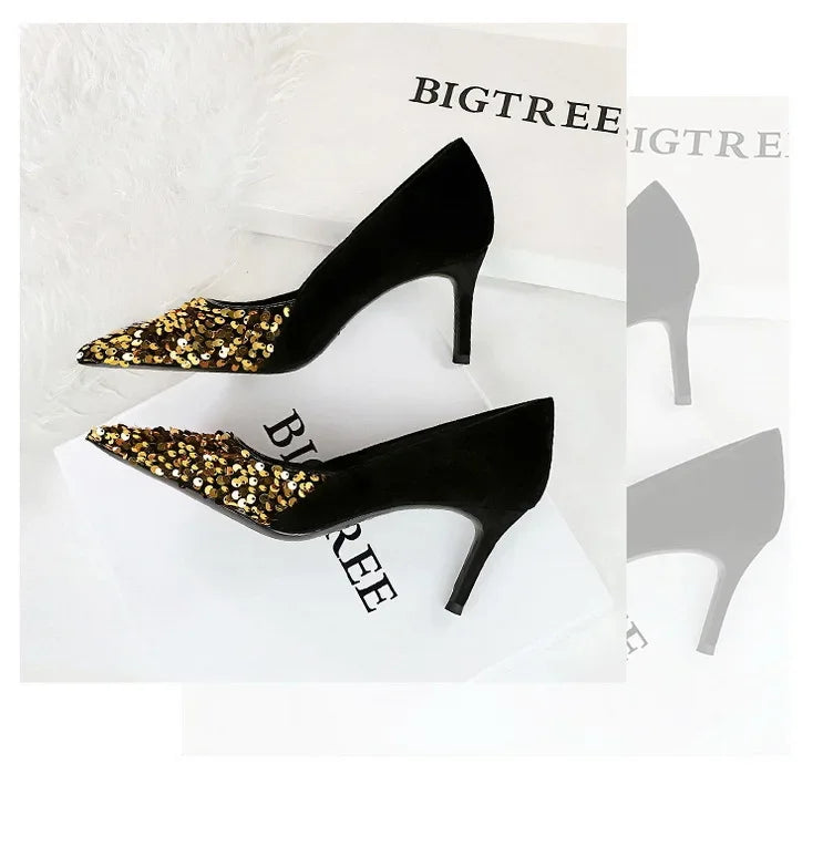 BIGTREE Spring Sequined Cloth Woman Pumps Pointed Toe Low Thin Heels Pole Dancing Party Elegant Ladies Shoes