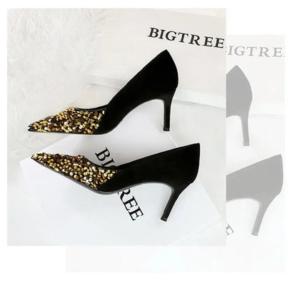 BIGTREE Spring Sequined Cloth Woman Pumps Pointed Toe Low Thin Heels Pole Dancing Party Elegant Ladies Shoes