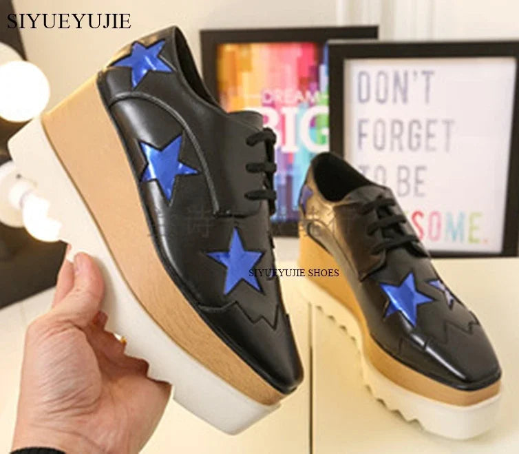 Lady platform shoes, genuine leather wedge square toe women shoes, woman Loafer Stars Women Lace-up shoes for spring autumn