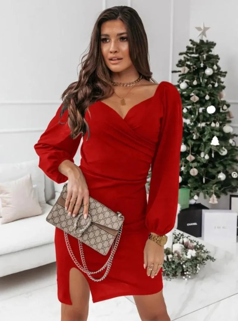 Women's Clothing  Autumn and Winter New Fashion Commuter V-neck Party Dress Ladies Cross Long Sleeve Pullover Dress