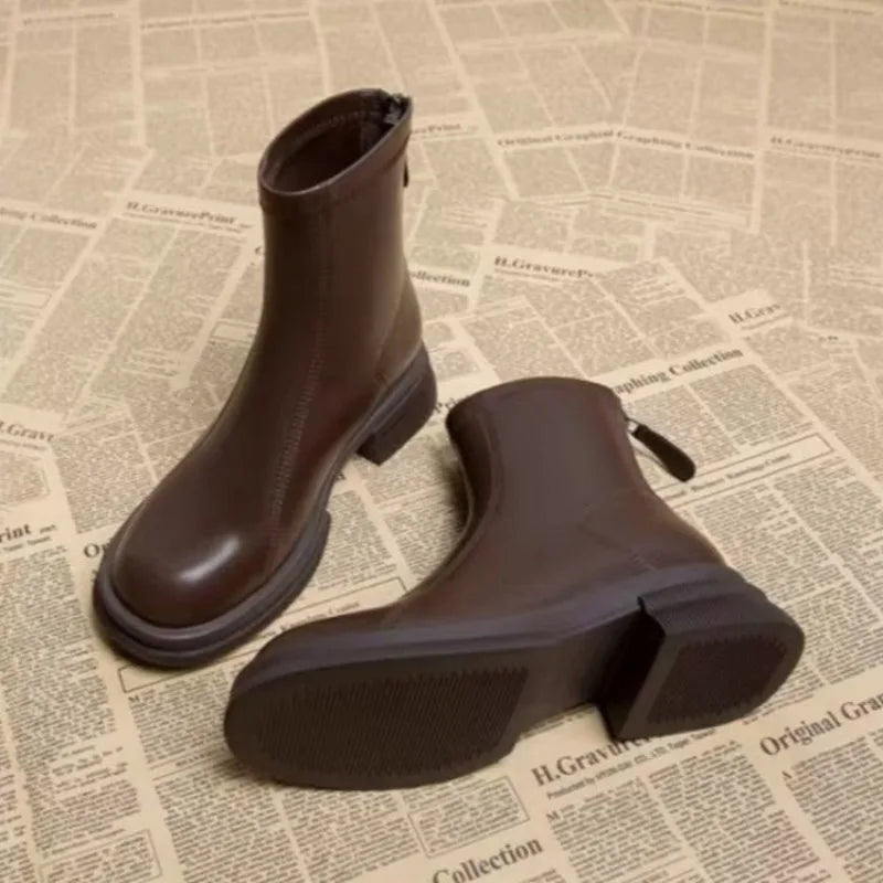 Ladies Shoes 2024 Concise Modern Women's Boots Classics Ankle Boots Women Round Toe Med Heel Back Zip Sewing Outdoor Shoes Women