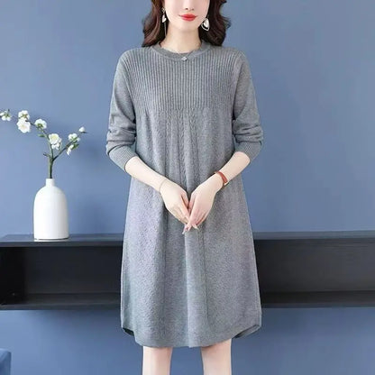 Women's Clothing Elegant All-match Solid Knit Dresses Autumn Winter New Casual Loose Long Sleeve Knee-Length Sweater Pullovers