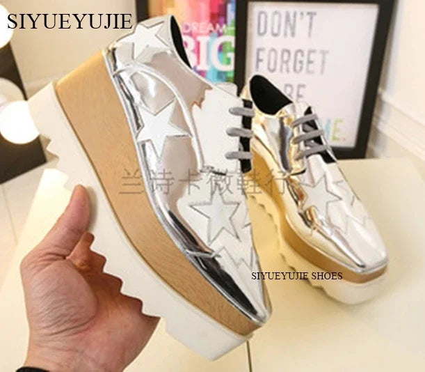 Lady platform shoes, genuine leather wedge square toe women shoes, woman Loafer Stars Women Lace-up shoes for spring autumn