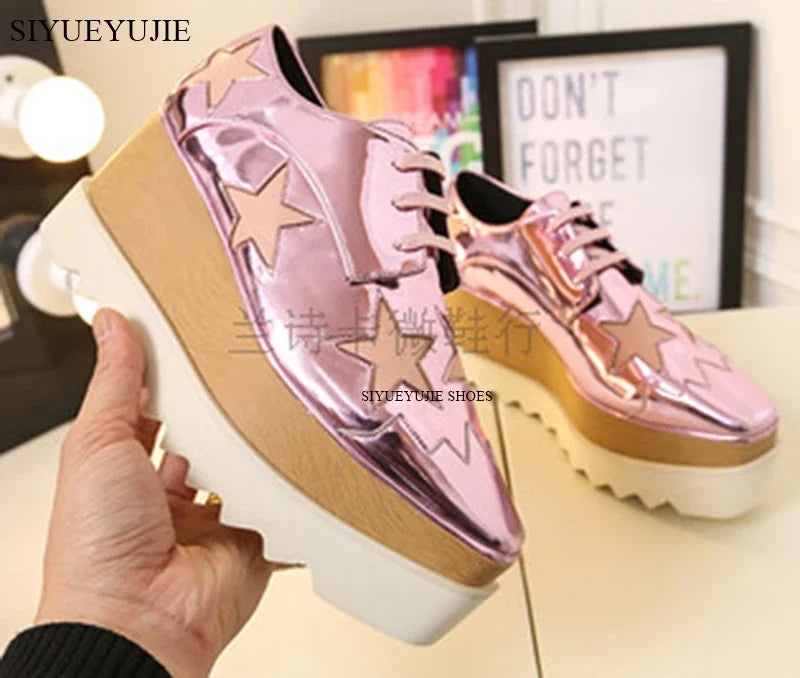 Lady platform shoes, genuine leather wedge square toe women shoes, woman Loafer Stars Women Lace-up shoes for spring autumn