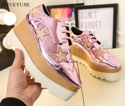 Lady platform shoes, genuine leather wedge square toe women shoes, woman Loafer Stars Women Lace-up shoes for spring autumn