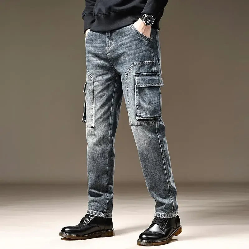 Jeans for Men Straight Male Cowboy Pants with Pockets Trousers Cargo Regular Aesthetic New in Stacked Korean Fashion Trend 2025