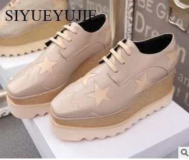 Lady platform shoes, genuine leather wedge square toe women shoes, woman Loafer Stars Women Lace-up shoes for spring autumn