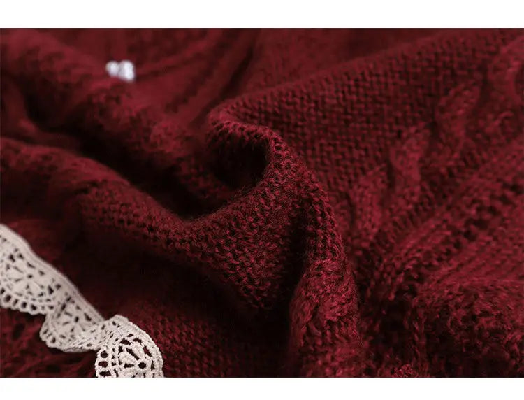 Women Clothing 2022 Autumn Winter Vintage Lovely Lace Doll Neck Wine Red Sweater Languid Breeze Soft Waxy Sweet Sweater Women