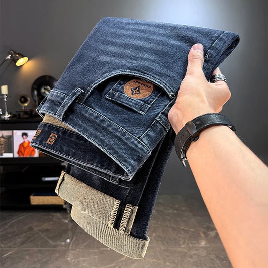 Men's Jeans Casual Long Straight Stretch Denim Pants Autumn Winter Classic Belted Jeans Korean Fashion Blue Black Jean Trousers