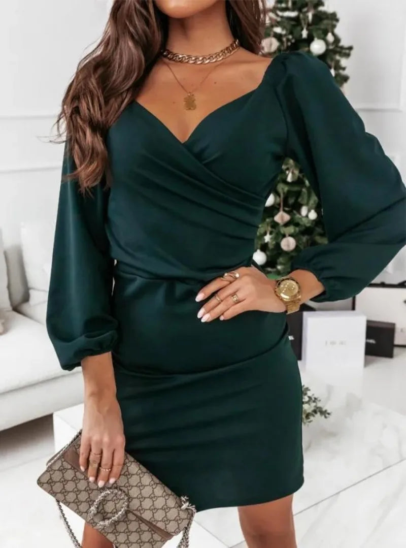 Women's Clothing  Autumn and Winter New Fashion Commuter V-neck Party Dress Ladies Cross Long Sleeve Pullover Dress