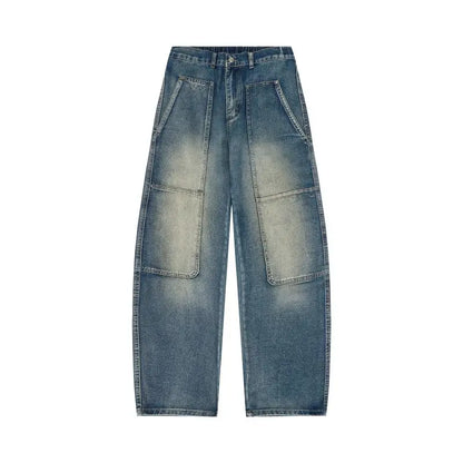 Men's Jeans Spring And Autumn Fashion Straight Tube Loose Washed Casual American Retro Original Color Wide Rivet Logging Pants