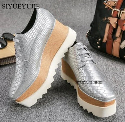 Lady platform shoes, genuine leather wedge square toe women shoes, woman Loafer Stars Women Lace-up shoes for spring autumn