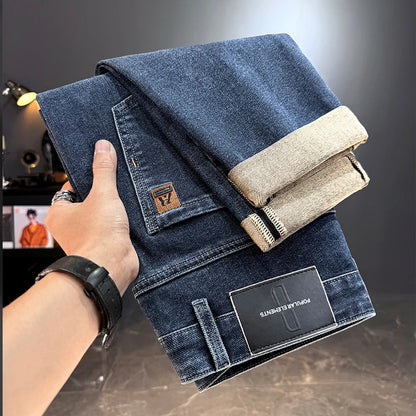 Men's Jeans Casual Long Straight Stretch Denim Pants Autumn Winter Classic Belted Jeans Korean Fashion Blue Black Jean Trousers