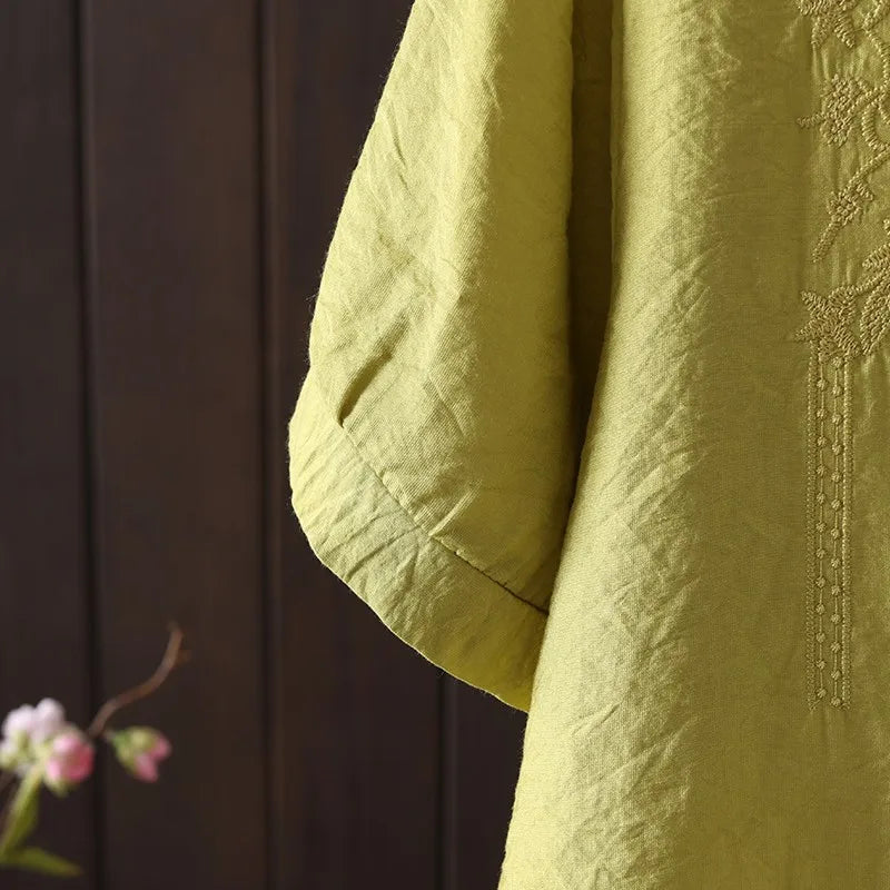 Women Clothing Streetwear Casual Fashion Elegant Cotton Linen Embroidery Vintage Clothes Tops Shirts for Women Tees