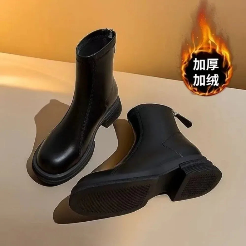 Ladies Shoes 2024 Concise Modern Women's Boots Classics Ankle Boots Women Round Toe Med Heel Back Zip Sewing Outdoor Shoes Women