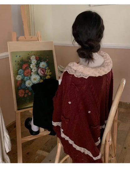 Women Clothing 2022 Autumn Winter Vintage Lovely Lace Doll Neck Wine Red Sweater Languid Breeze Soft Waxy Sweet Sweater Women