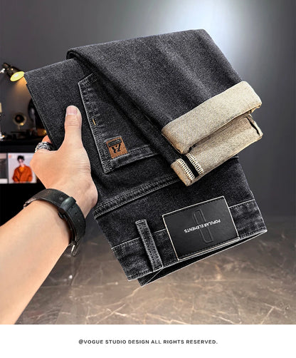 Men's Jeans Casual Long Straight Stretch Denim Pants Autumn Winter Classic Belted Jeans Korean Fashion Blue Black Jean Trousers