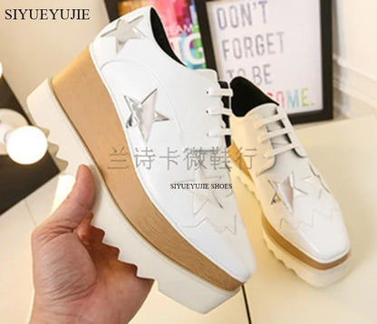 Lady platform shoes, genuine leather wedge square toe women shoes, woman Loafer Stars Women Lace-up shoes for spring autumn