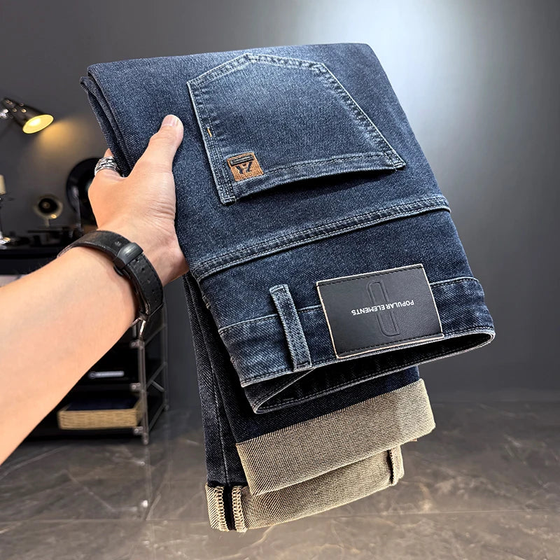 Men's Jeans Casual Long Straight Stretch Denim Pants Autumn Winter Classic Belted Jeans Korean Fashion Blue Black Jean Trousers