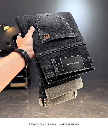 Men's Jeans Casual Long Straight Stretch Denim Pants Autumn Winter Classic Belted Jeans Korean Fashion Blue Black Jean Trousers