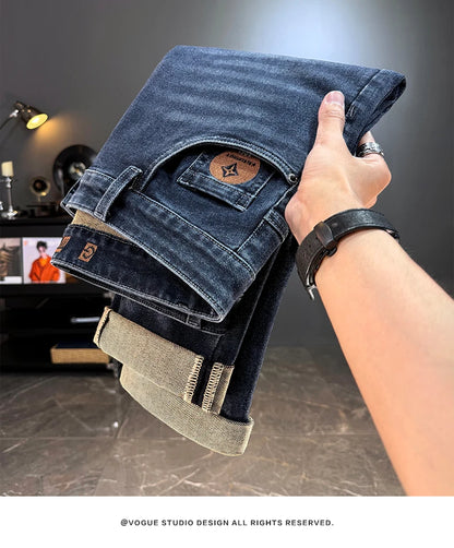Men's Jeans Casual Long Straight Stretch Denim Pants Autumn Winter Classic Belted Jeans Korean Fashion Blue Black Jean Trousers