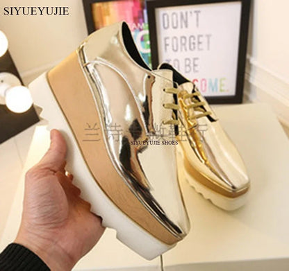 Lady platform shoes, genuine leather wedge square toe women shoes, woman Loafer Stars Women Lace-up shoes for spring autumn