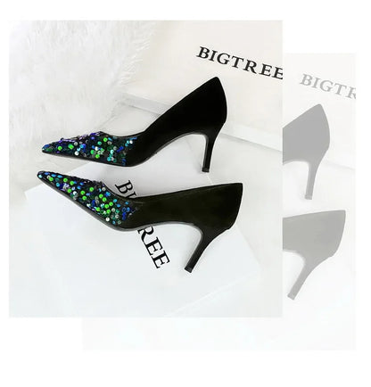 BIGTREE Spring Sequined Cloth Woman Pumps Pointed Toe Low Thin Heels Pole Dancing Party Elegant Ladies Shoes