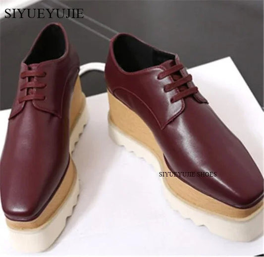 Lady platform shoes, genuine leather wedge square toe women shoes, woman Loafer Stars Women Lace-up shoes for spring autumn