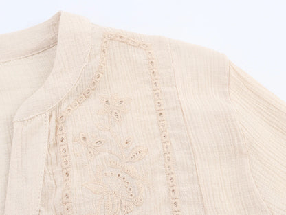 Women's clothing 2025 summer new product fashion European and American style hollow embroidery casual long-sleeved short shirt