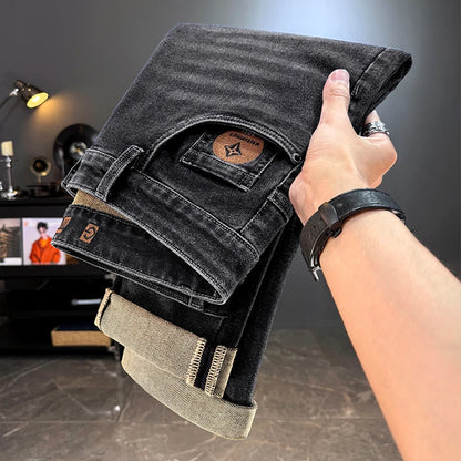 Men's Jeans Casual Long Straight Stretch Denim Pants Autumn Winter Classic Belted Jeans Korean Fashion Blue Black Jean Trousers