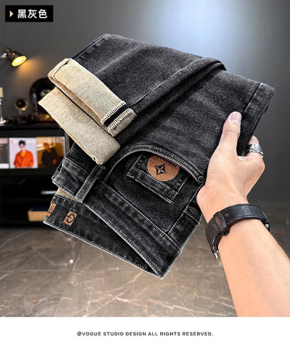 Men's Jeans Casual Long Straight Stretch Denim Pants Autumn Winter Classic Belted Jeans Korean Fashion Blue Black Jean Trousers