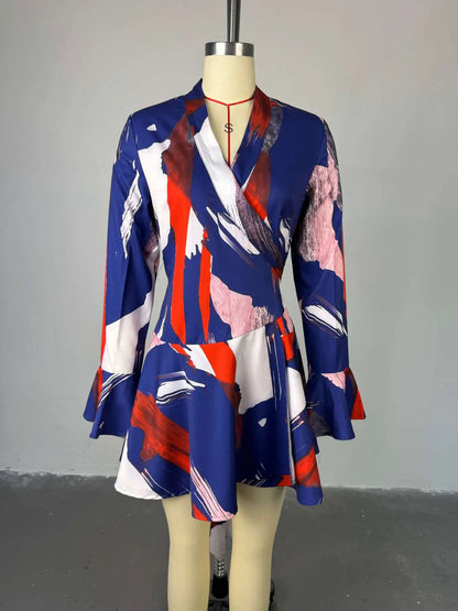 Women's Clothing 2025 Summer New Sweet Fresh Printed V-neck Tie Bell Sleeve High Waist Dress Short Skirt Vestido Women Elegant