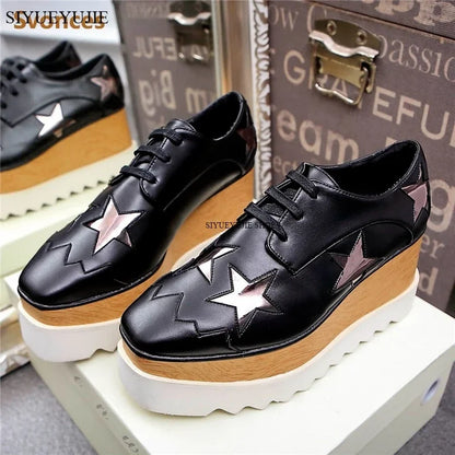 Lady platform shoes, genuine leather wedge square toe women shoes, woman Loafer Stars Women Lace-up shoes for spring autumn