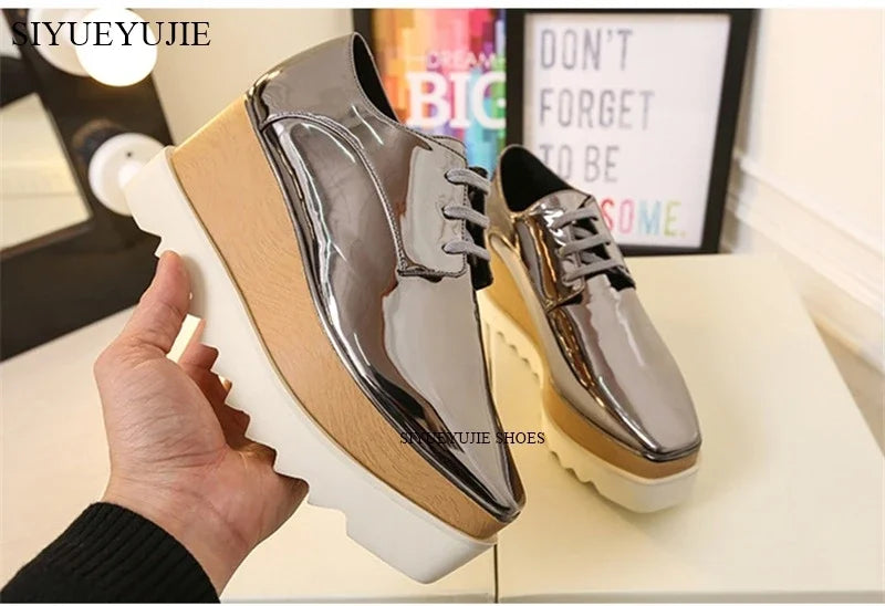 Lady platform shoes, genuine leather wedge square toe women shoes, woman Loafer Stars Women Lace-up shoes for spring autumn