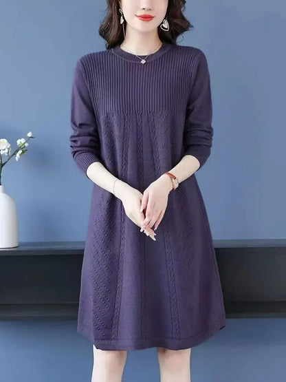 Women's Clothing Elegant All-match Solid Knit Dresses Autumn Winter New Casual Loose Long Sleeve Knee-Length Sweater Pullovers