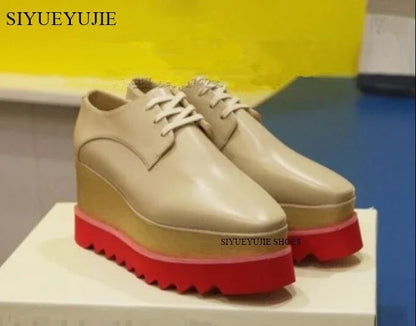 Lady platform shoes, genuine leather wedge square toe women shoes, woman Loafer Stars Women Lace-up shoes for spring autumn