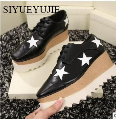 Lady platform shoes, genuine leather wedge square toe women shoes, woman Loafer Stars Women Lace-up shoes for spring autumn