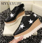 Lady platform shoes, genuine leather wedge square toe women shoes, woman Loafer Stars Women Lace-up shoes for spring autumn