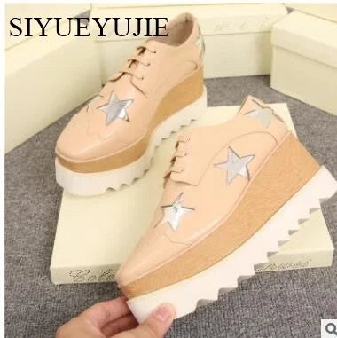 Lady platform shoes, genuine leather wedge square toe women shoes, woman Loafer Stars Women Lace-up shoes for spring autumn