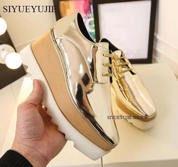 Lady platform shoes, genuine leather wedge square toe women shoes, woman Loafer Stars Women Lace-up shoes for spring autumn