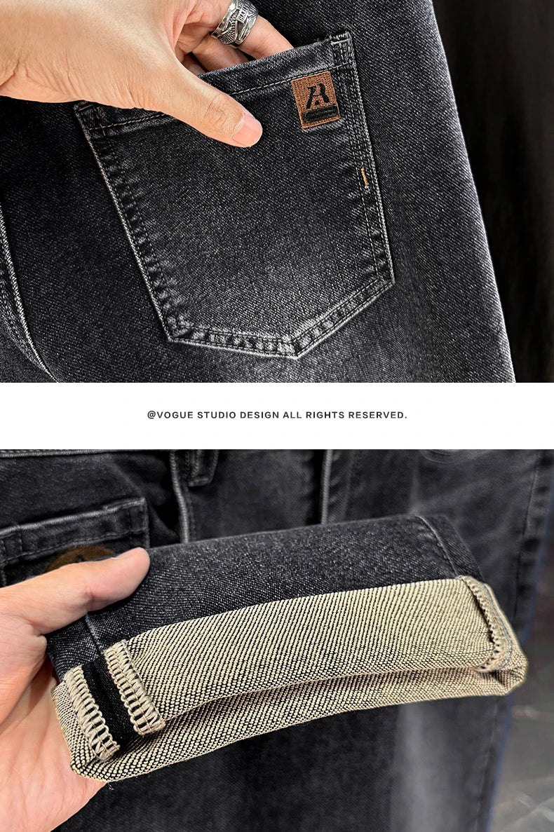 Men's Jeans Casual Long Straight Stretch Denim Pants Autumn Winter Classic Belted Jeans Korean Fashion Blue Black Jean Trousers