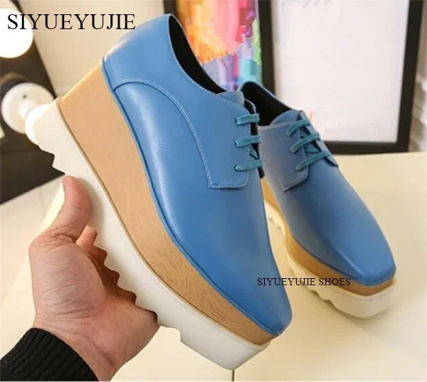 Lady platform shoes, genuine leather wedge square toe women shoes, woman Loafer Stars Women Lace-up shoes for spring autumn