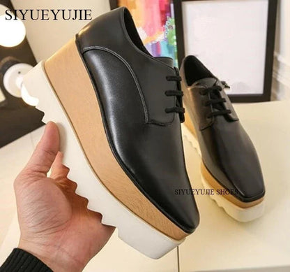 Lady platform shoes, genuine leather wedge square toe women shoes, woman Loafer Stars Women Lace-up shoes for spring autumn
