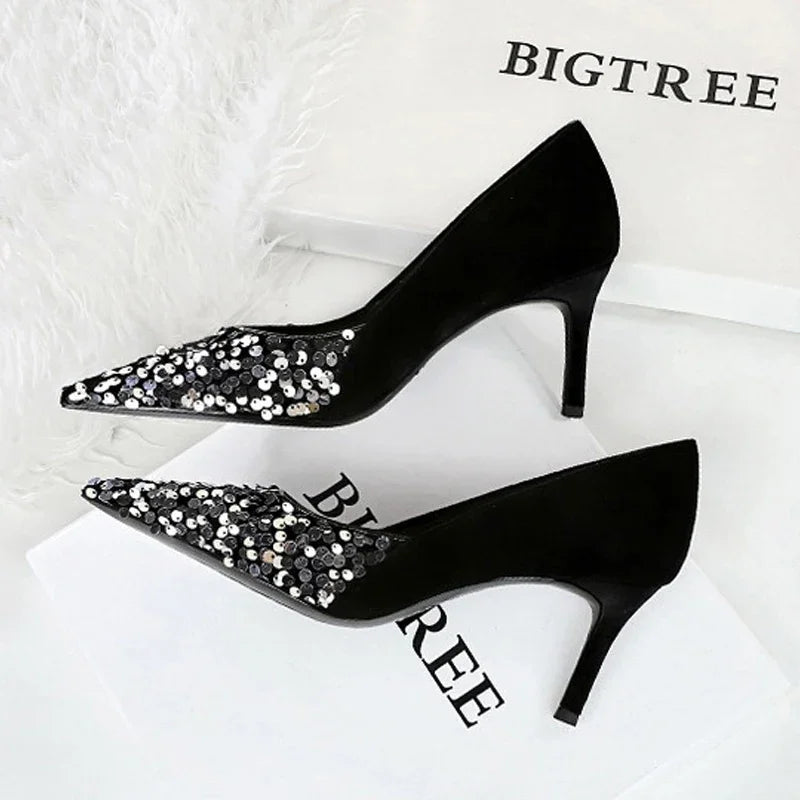 BIGTREE Spring Sequined Cloth Woman Pumps Pointed Toe Low Thin Heels Pole Dancing Party Elegant Ladies Shoes