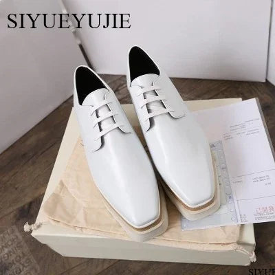 Lady platform shoes, genuine leather wedge square toe women shoes, woman Loafer Stars Women Lace-up shoes for spring autumn