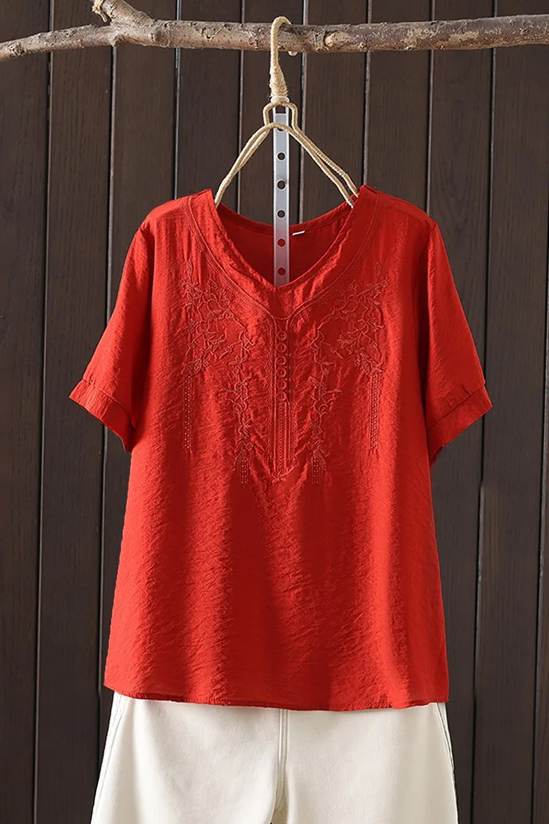 Women Clothing Streetwear Casual Fashion Elegant Cotton Linen Embroidery Vintage Clothes Tops Shirts for Women Tees
