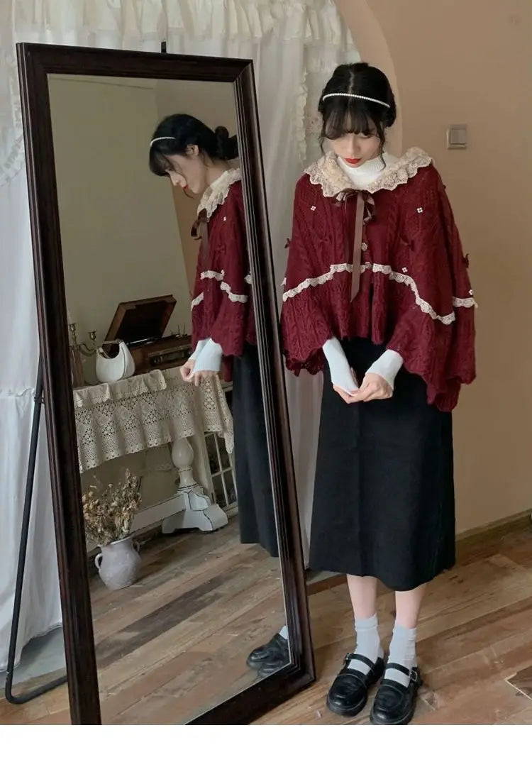 Women Clothing 2022 Autumn Winter Vintage Lovely Lace Doll Neck Wine Red Sweater Languid Breeze Soft Waxy Sweet Sweater Women